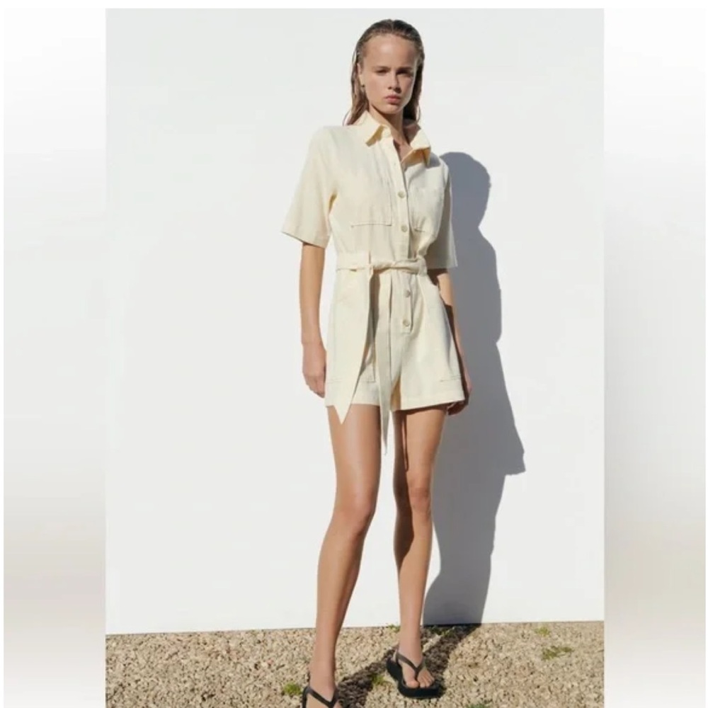 Cream Short-Sleeve Belted Romper